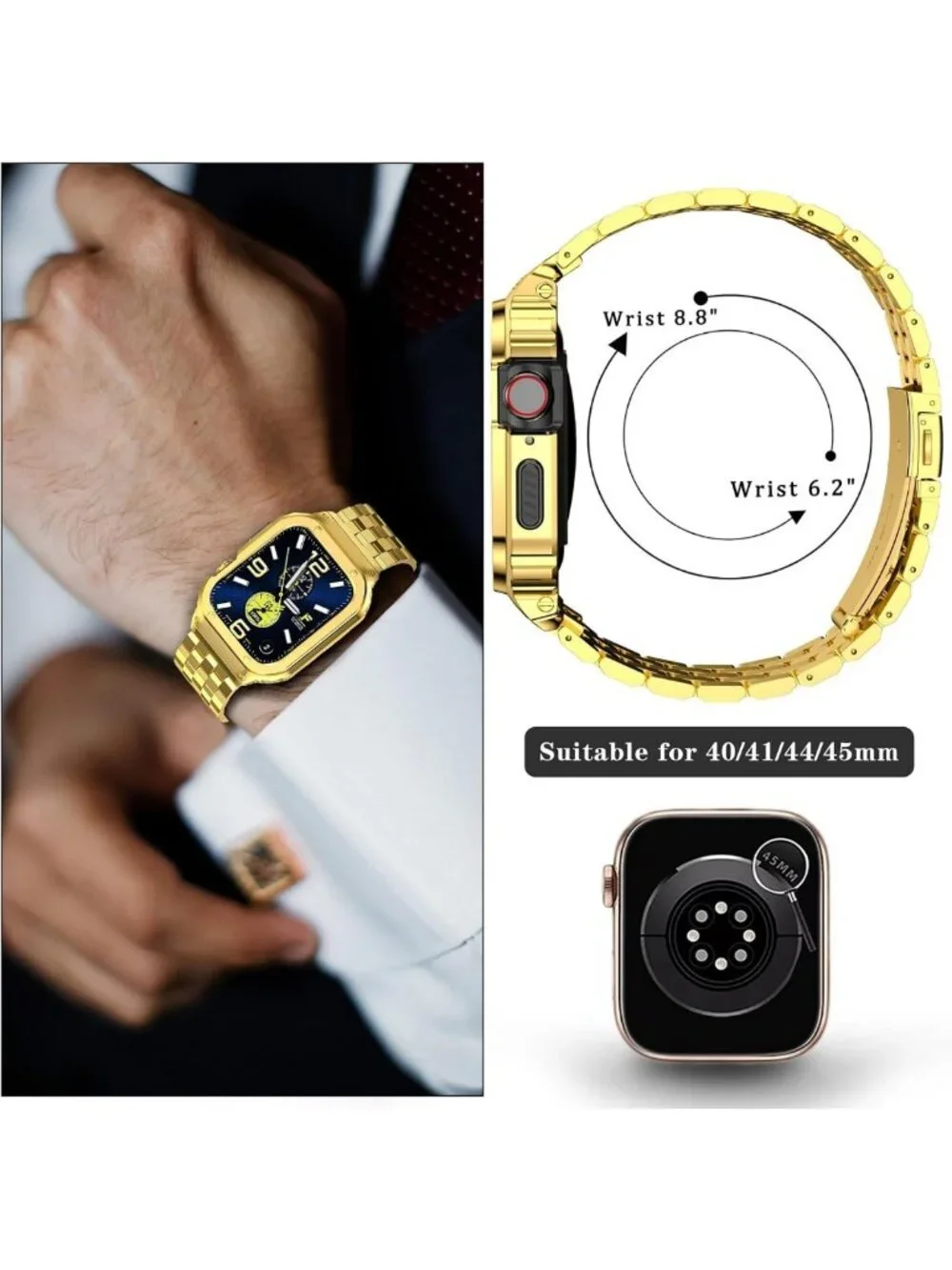 Rugged Stainless Steel Case for Apple Watch 45mm, Adjustable Metal Band, Gold